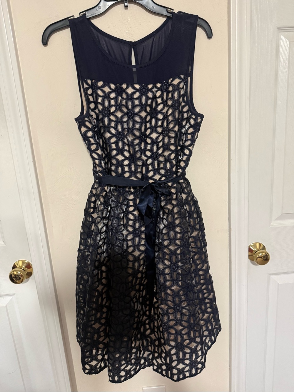 Speechless Navy Floral Lace Midi Dress with Satin Waist Tie NOWT